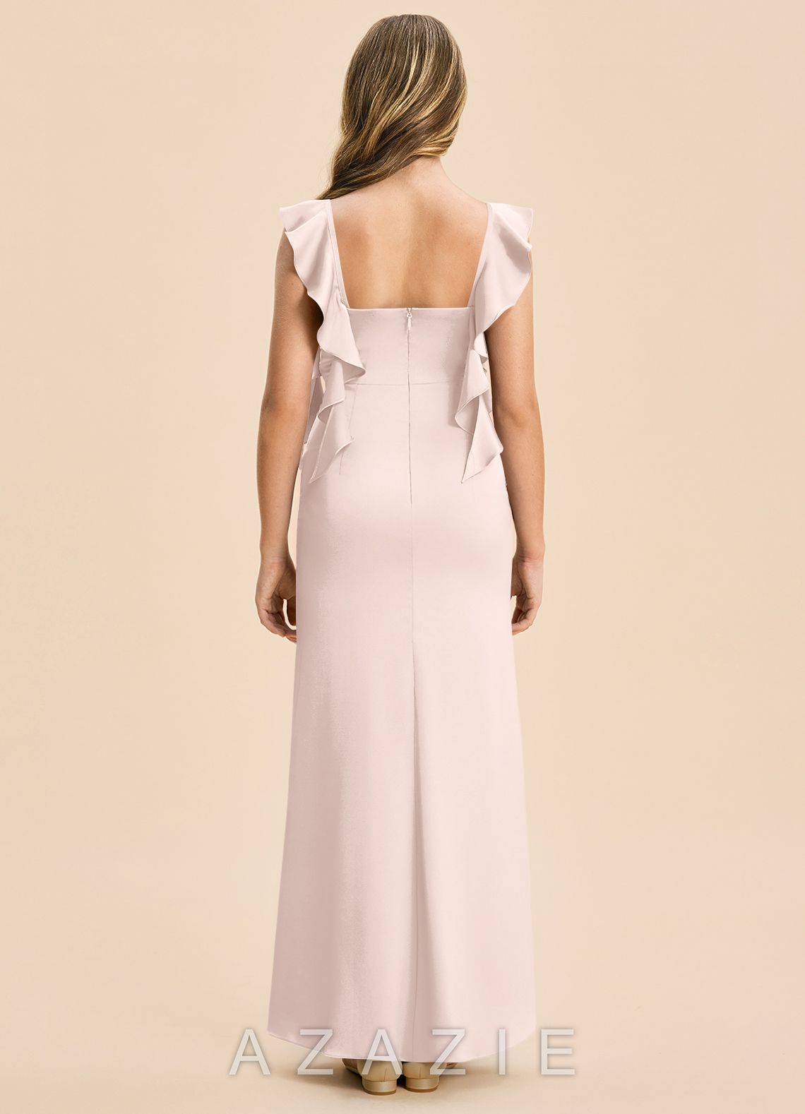Azazie Jessamine Junior Blushing Pink Sheath Ruched Stretch Satin Dress blushing_pink