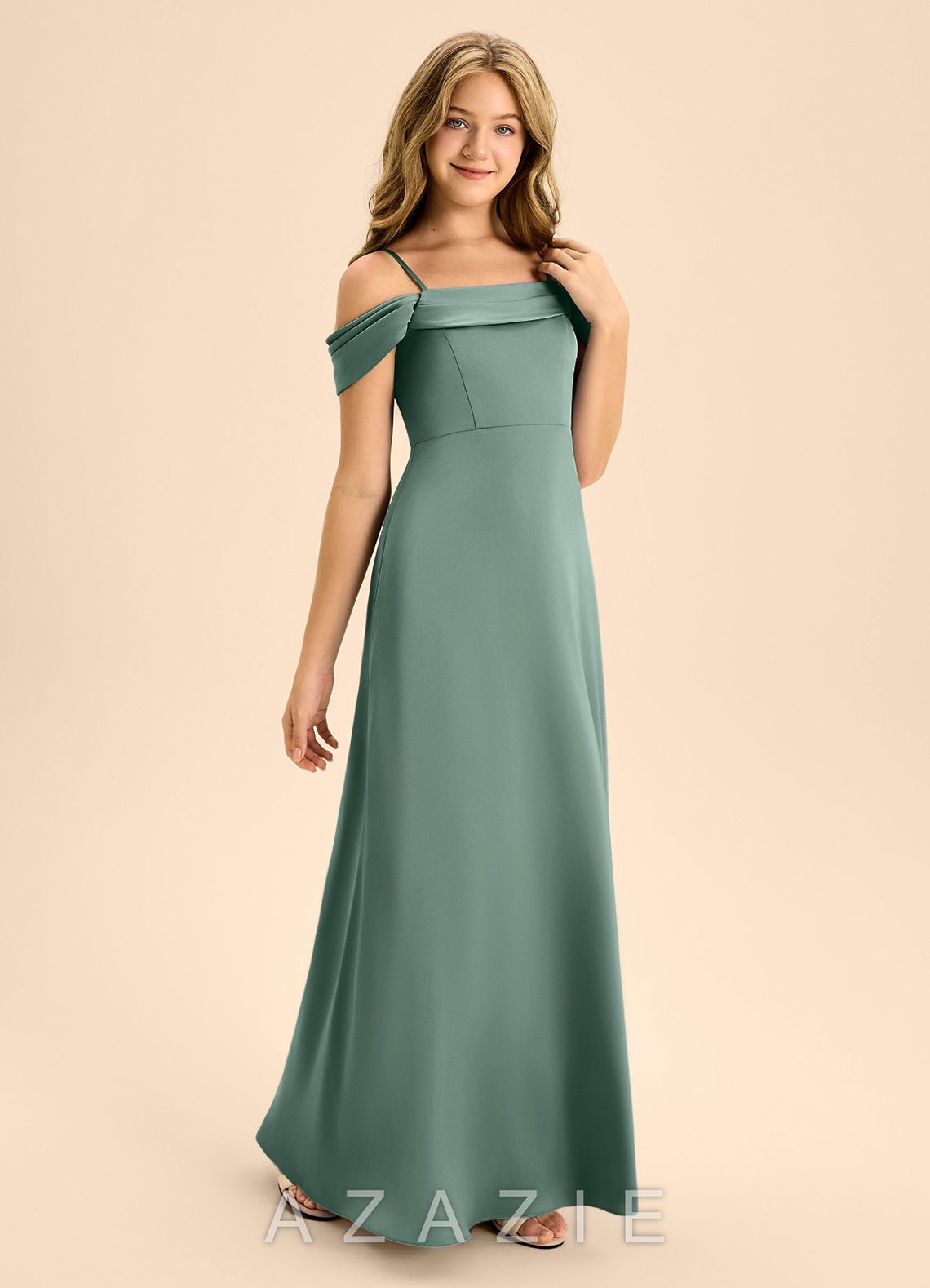 Azazie Anselie Junior Eucalyptus A-Line Off the Shoulder Stretch Satin Dress eucalyptus