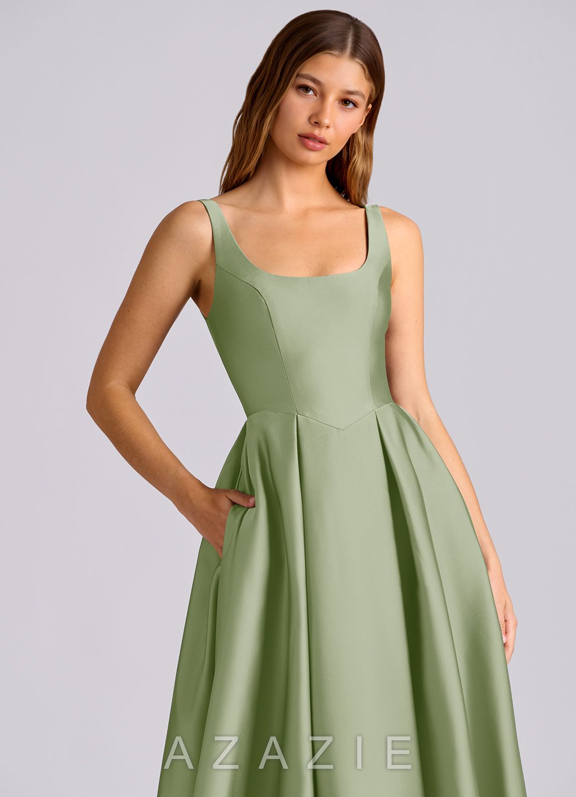 Azazie Amalie Dusty Sage A-Line Pleated Stretch Satin Dress dusty_sage