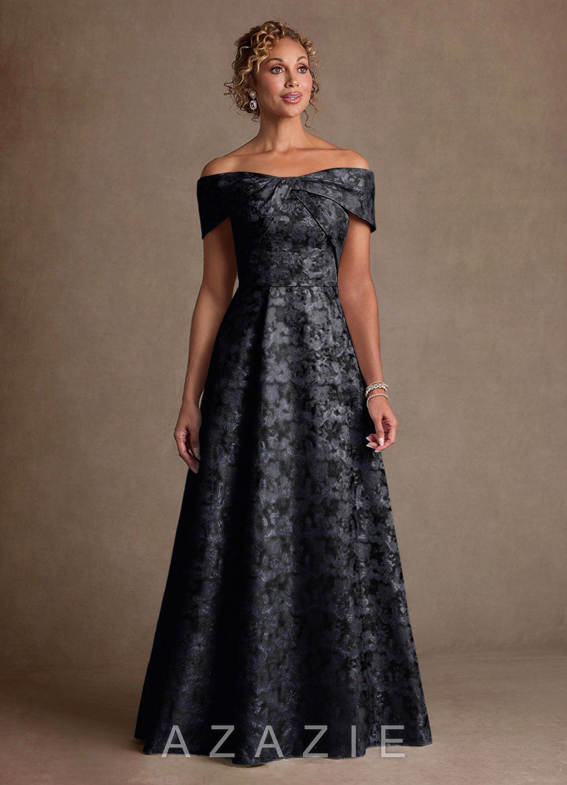Azazie Harriett Black A-Line Off the Shoulder Floral Jacquard Dress