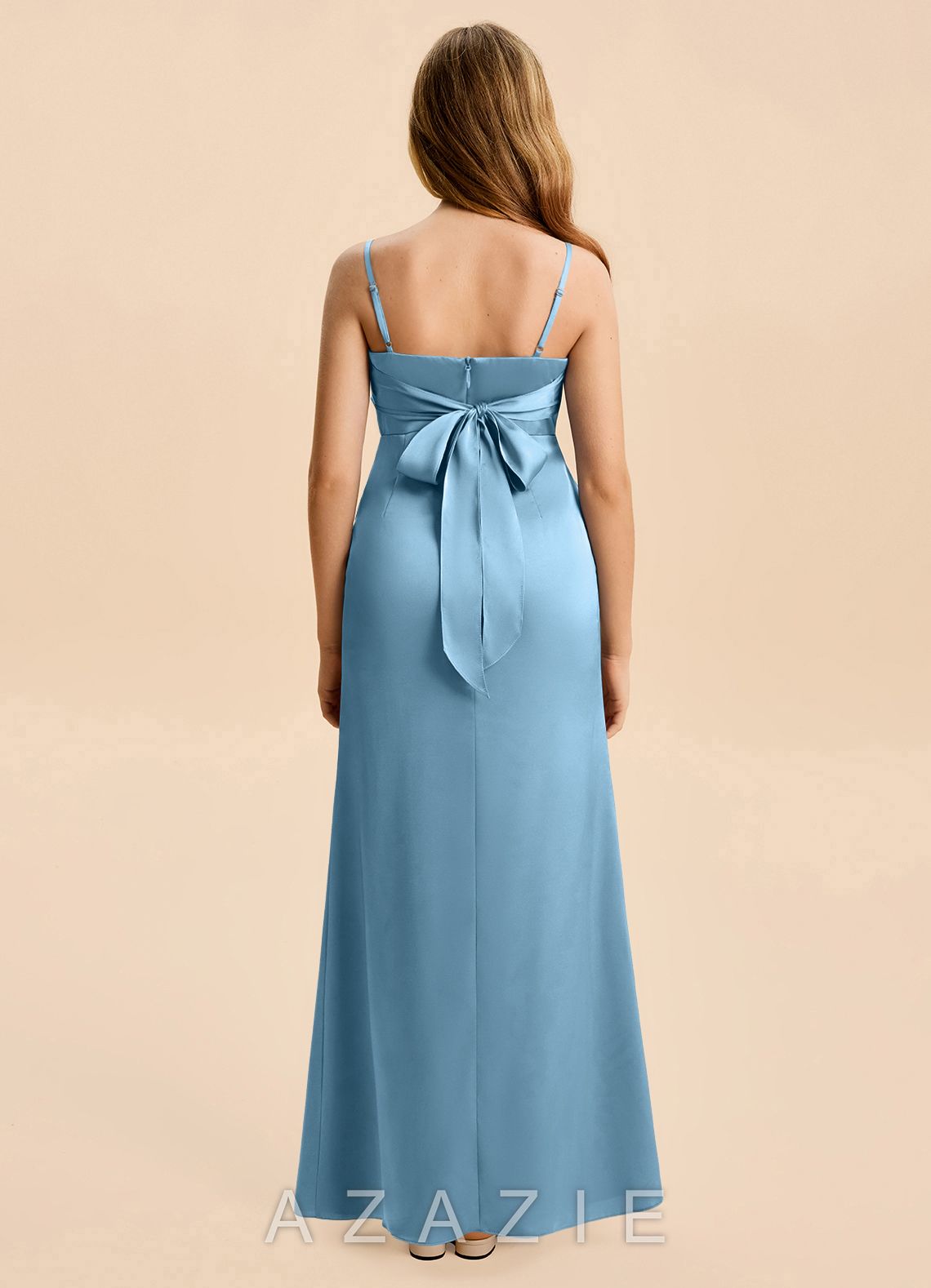 Azazie Christen Junior Steel Blue Sheath Pleated Stretch Satin Dress steel_blue