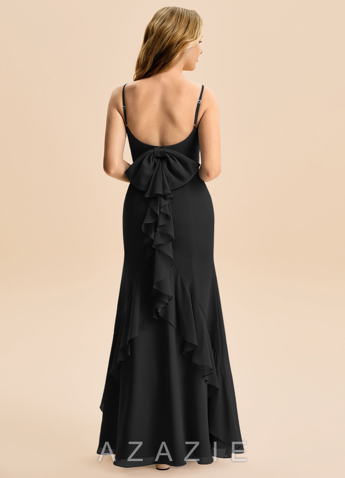 Azazie Lioren Junior Black Mermaid Bow Chiffon Dress black
