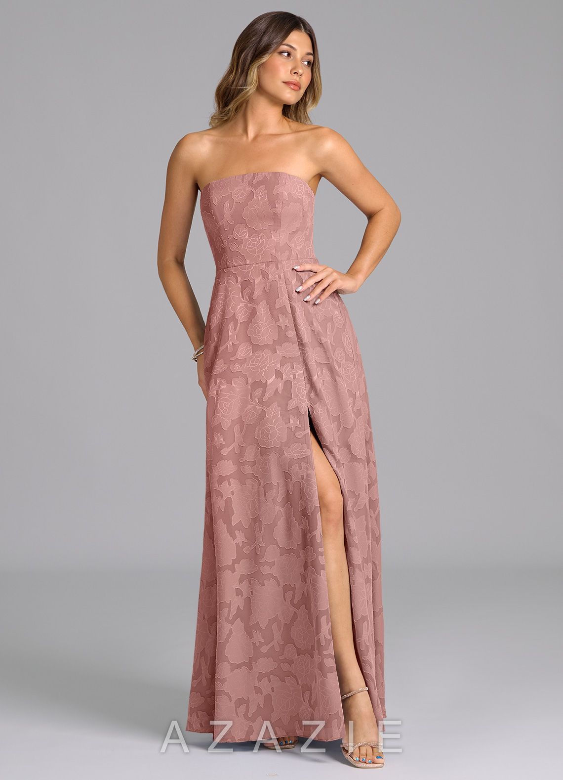 Azazie Wren Dusty Rose A-Line Strapless Floral Burnout Dress dusty_rose