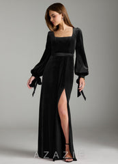 Azazie Leonia Black A-Line Long Sleeve Velvet Dress black