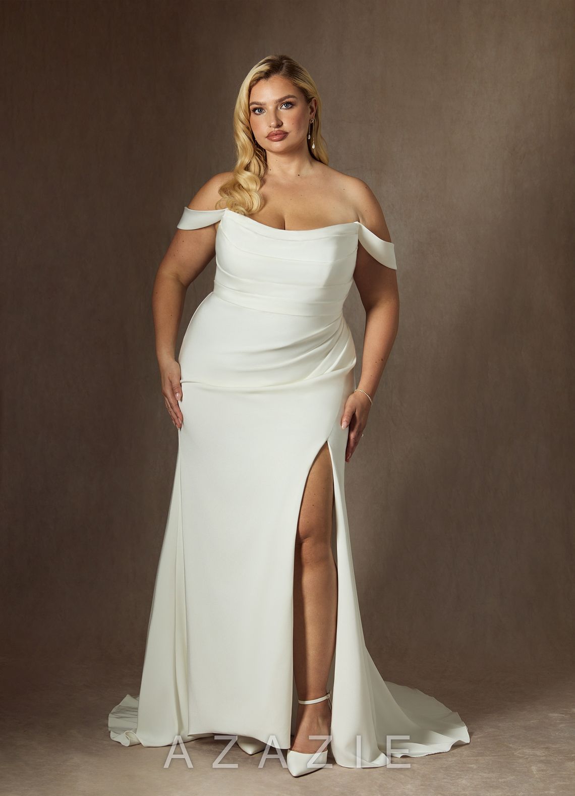 Azazie Moonlight Wedding Dress Diamond White Mermaid Scoop Pleated Crepe Back Satin Dress diamond_white