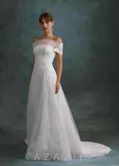 Azazie Berkely Diamond White A-Line Off the Shoulder Tulle Dress