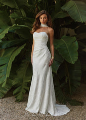 Azazie Keala Diamond White Sheath Strapless Floral Jacquard Dress diamond_white