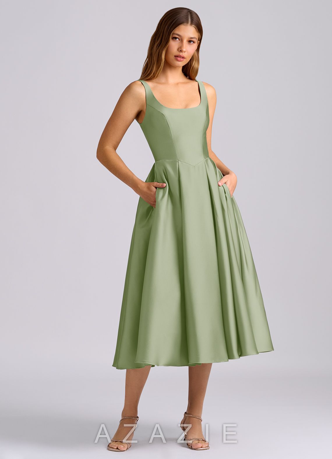 Azazie Amalie Dusty Sage A-Line Pleated Stretch Satin Dress dusty_sage
