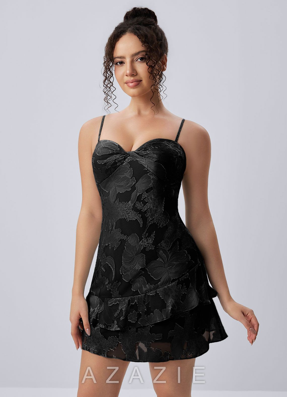 Hortense Black Spaghetti Strap Floral Ruffle Open Back Mini Dress