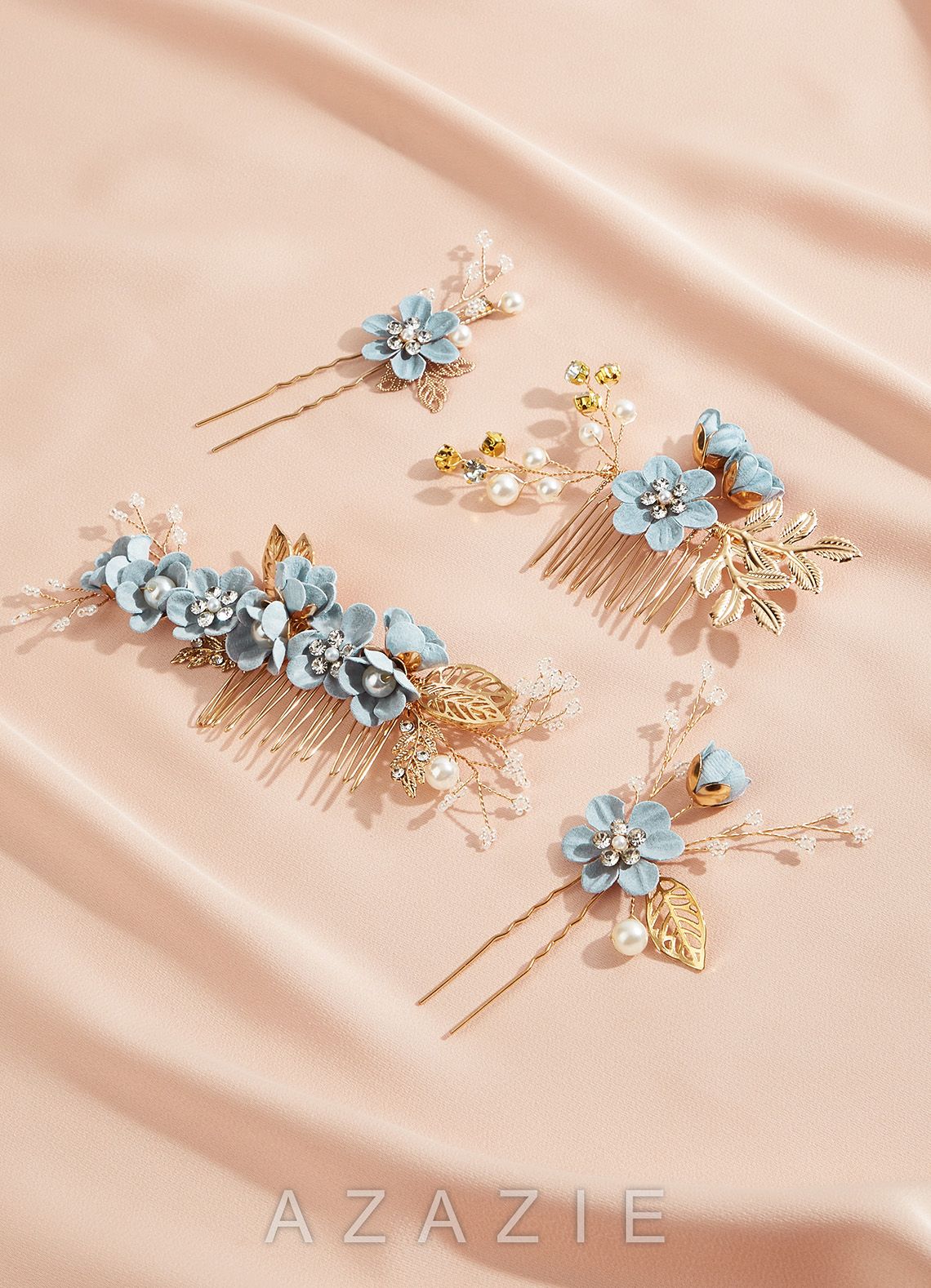 Blue Floral Hair Comb Set
