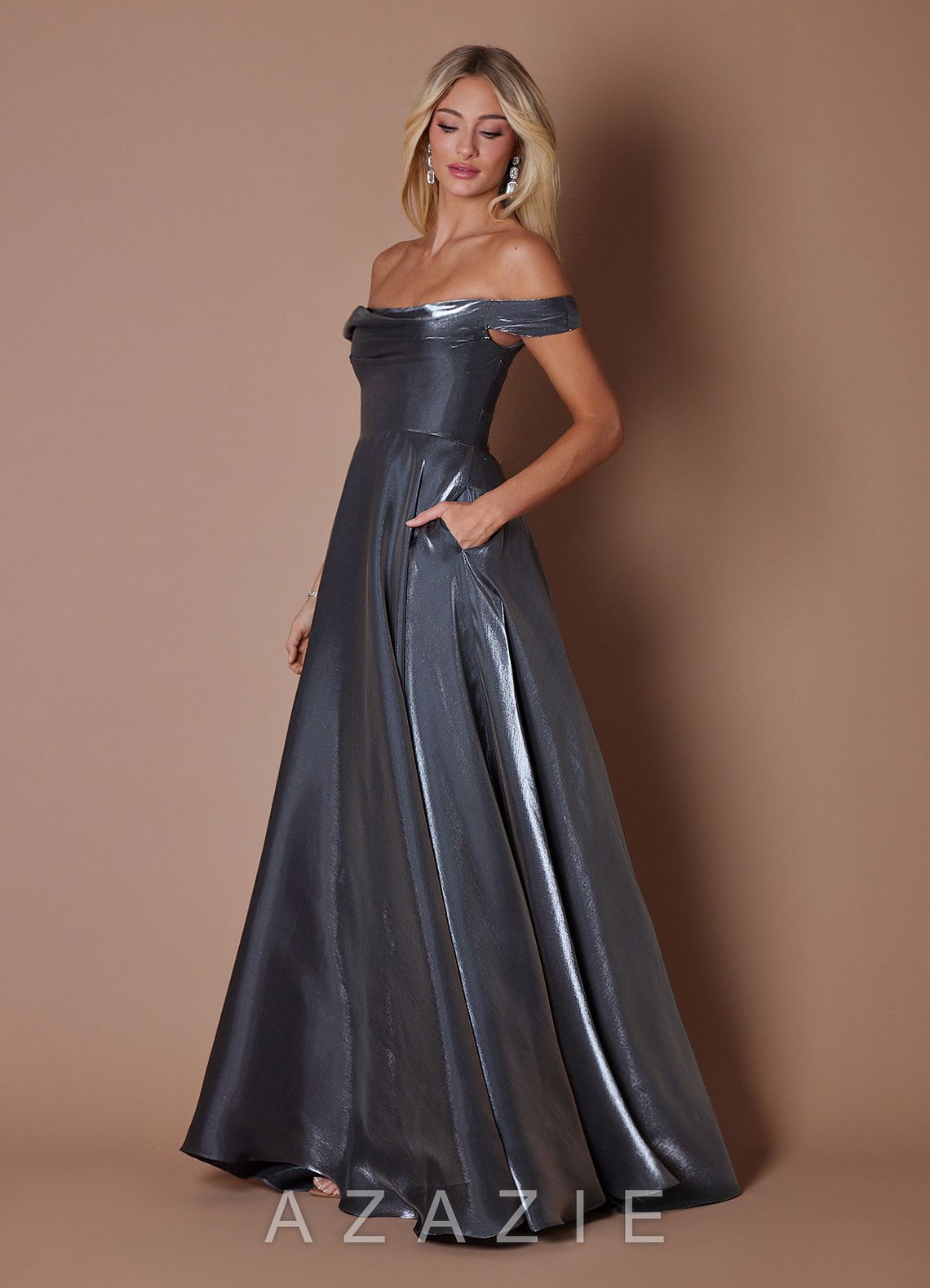 Tori {color} Off Shoulder Gown  sp_gunmetal_#gl134088