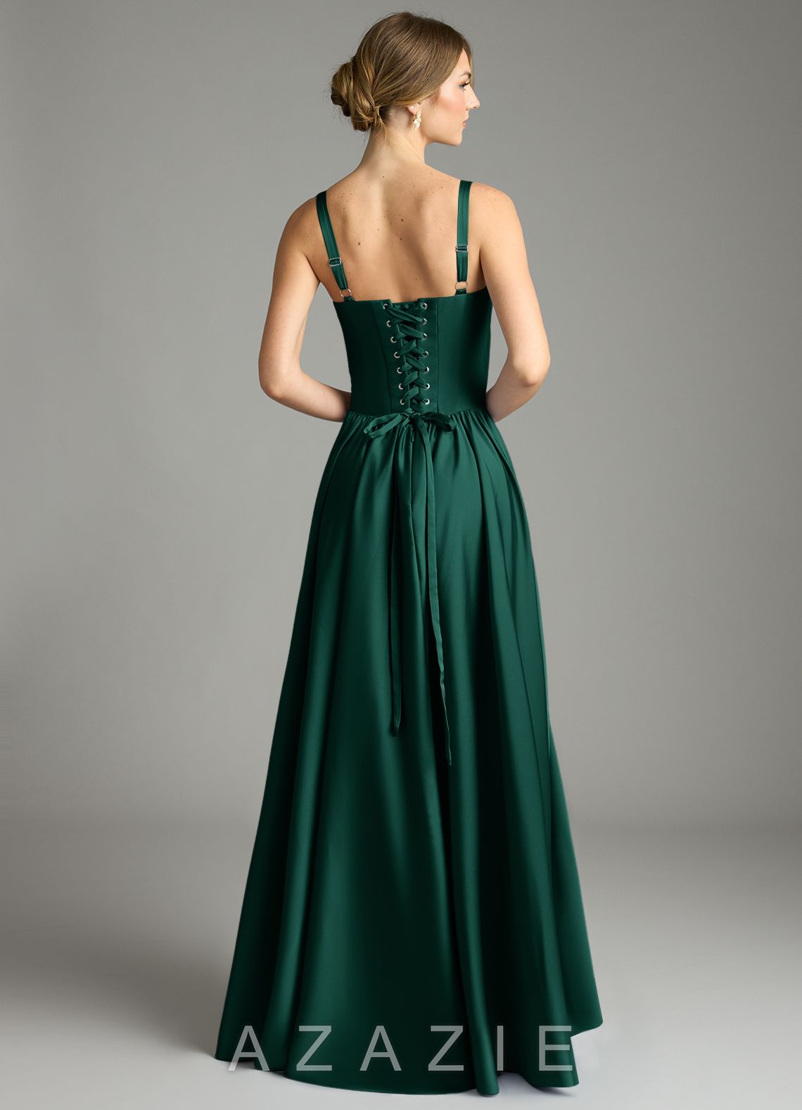 Azazie Evadina Emerald A-Line Corset Stretch Satin Dress emerald