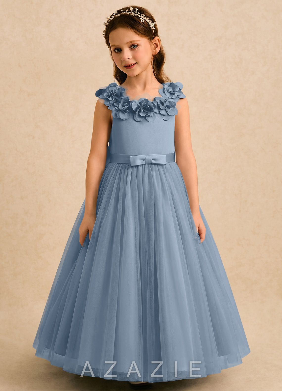Azazie Eden Dusty Blue Ball-Gown Pleated Tulle Dress dusty_blue