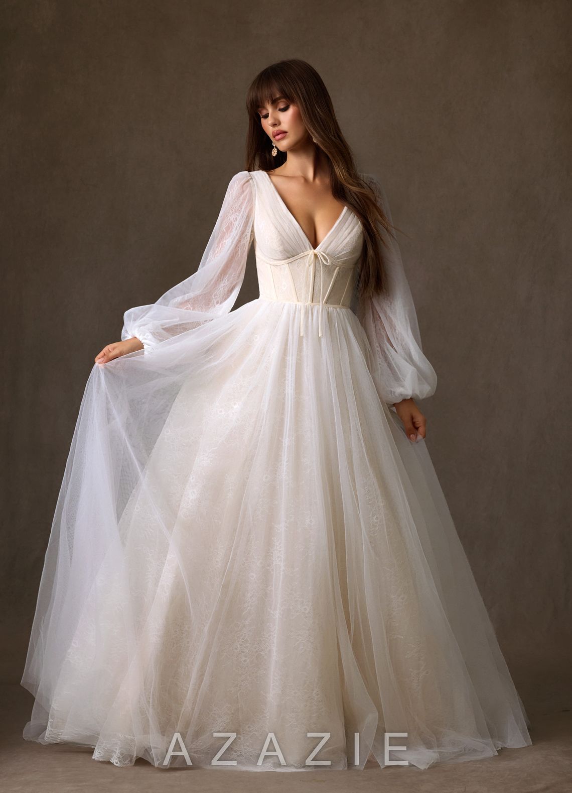Azazie Cressida Wedding Dress Diamond White Champagne Ball-Gown Lace Tulle Dress diamond_white/champagne