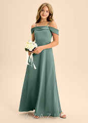 Azazie Anselie Junior Eucalyptus A-Line Off the Shoulder Stretch Satin Dress