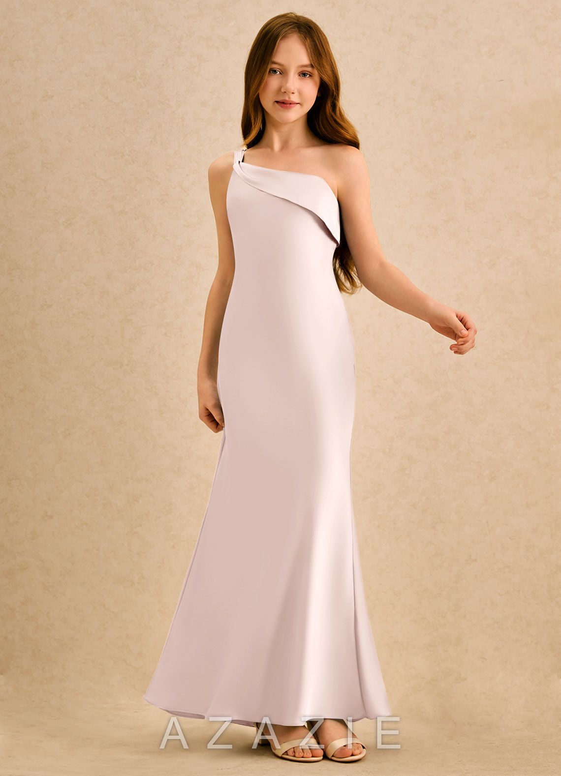 Azazie Almond Girls Formal Blushing Pink Sheath One Shoulder Stretch Satin Dress blushing_pink