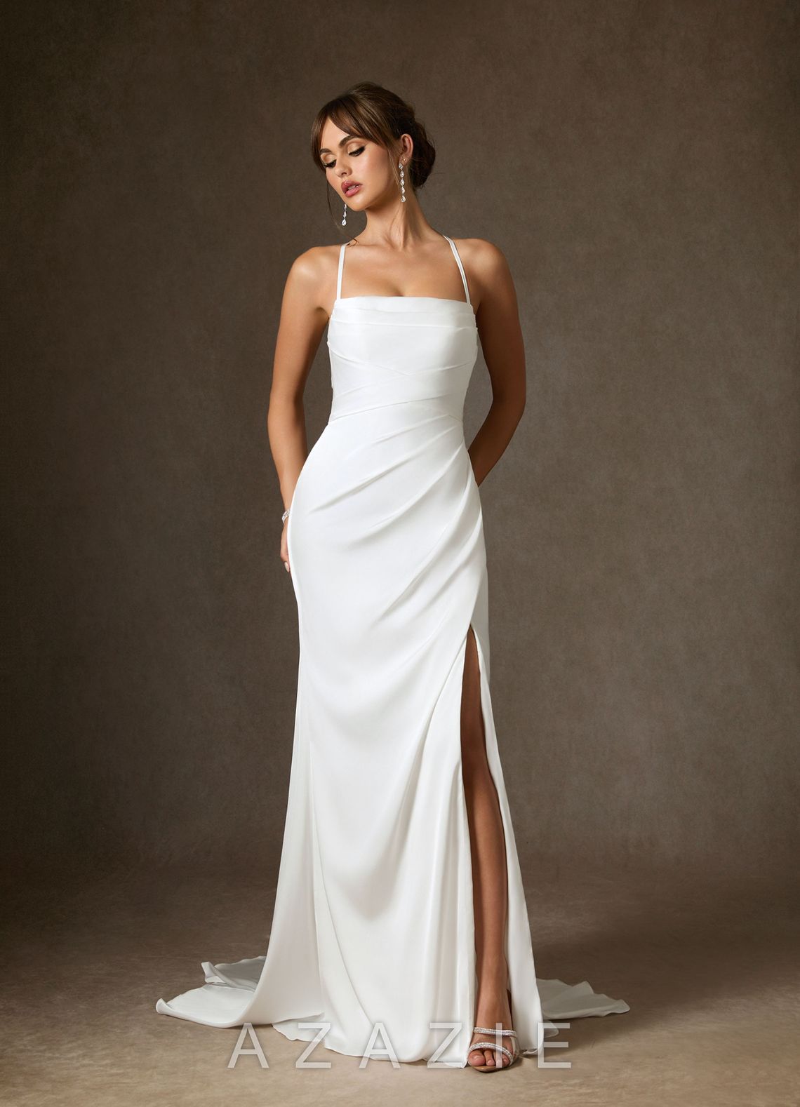 Azazie Kierra Wedding Dress Diamond White Mermaid Pleated Stretch Satin Dress