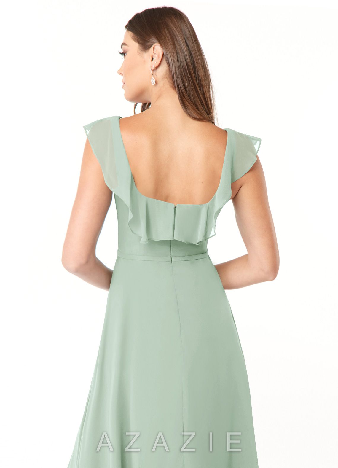Azazie Jinny Agave A-Line Square Neckline Ruched Chiffon Dress agave