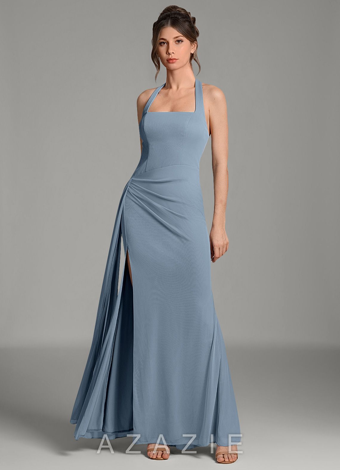 Azazie Ezra Dusty Blue Mermaid Pleated Mesh Dress dusty_blue