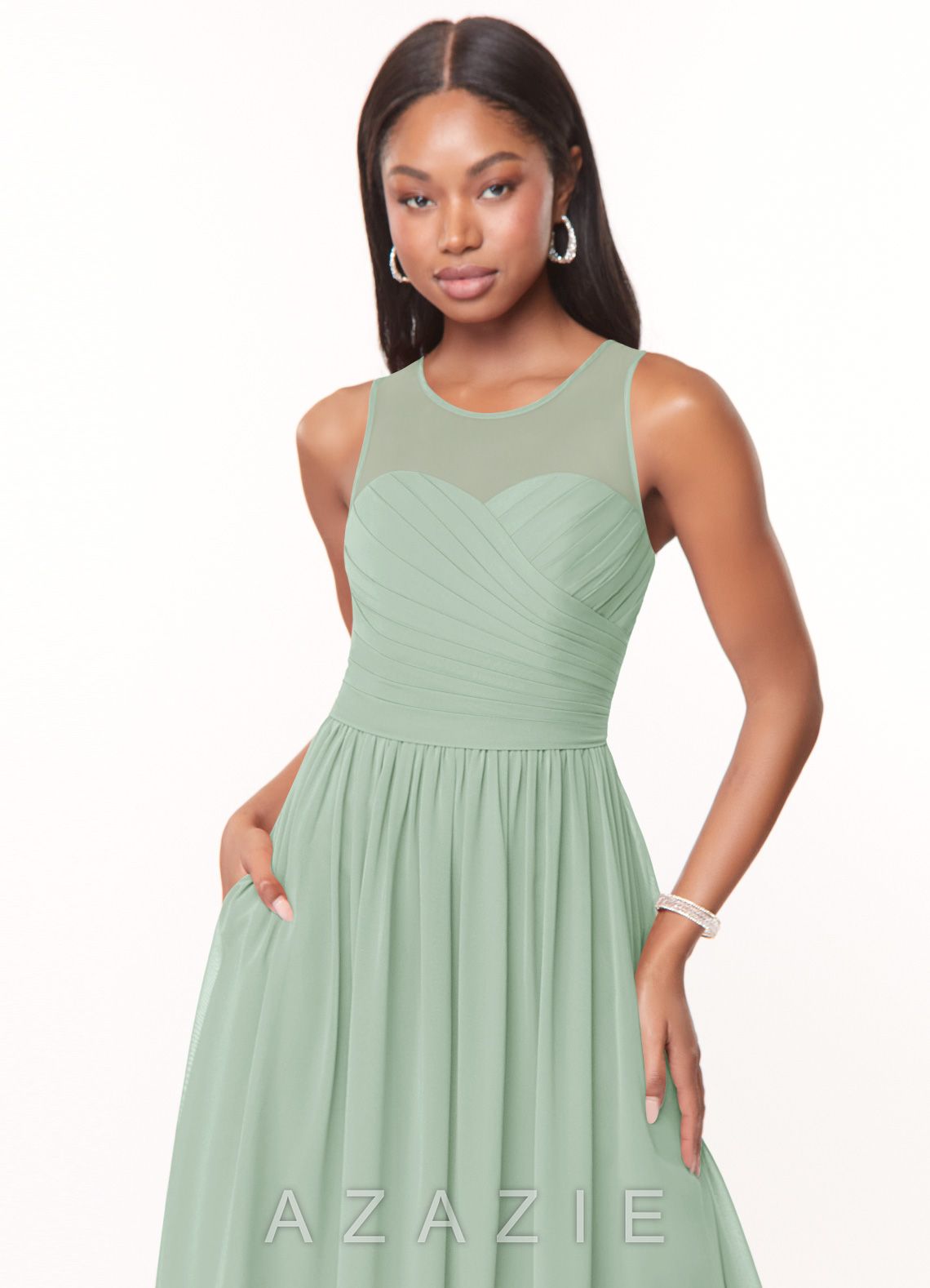 Azazie Nina Agave A-Line Pleated Chiffon Dress agave
