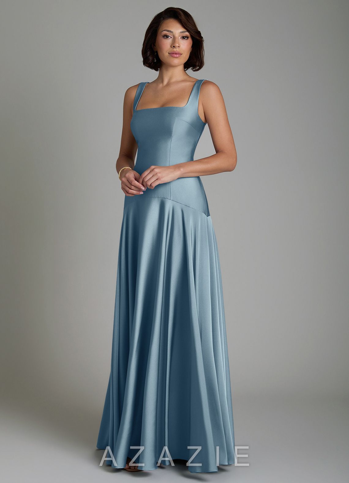 Azazie Reina Dusty Blue A-Line Pleated Stretch Satin Dress dusty_blue