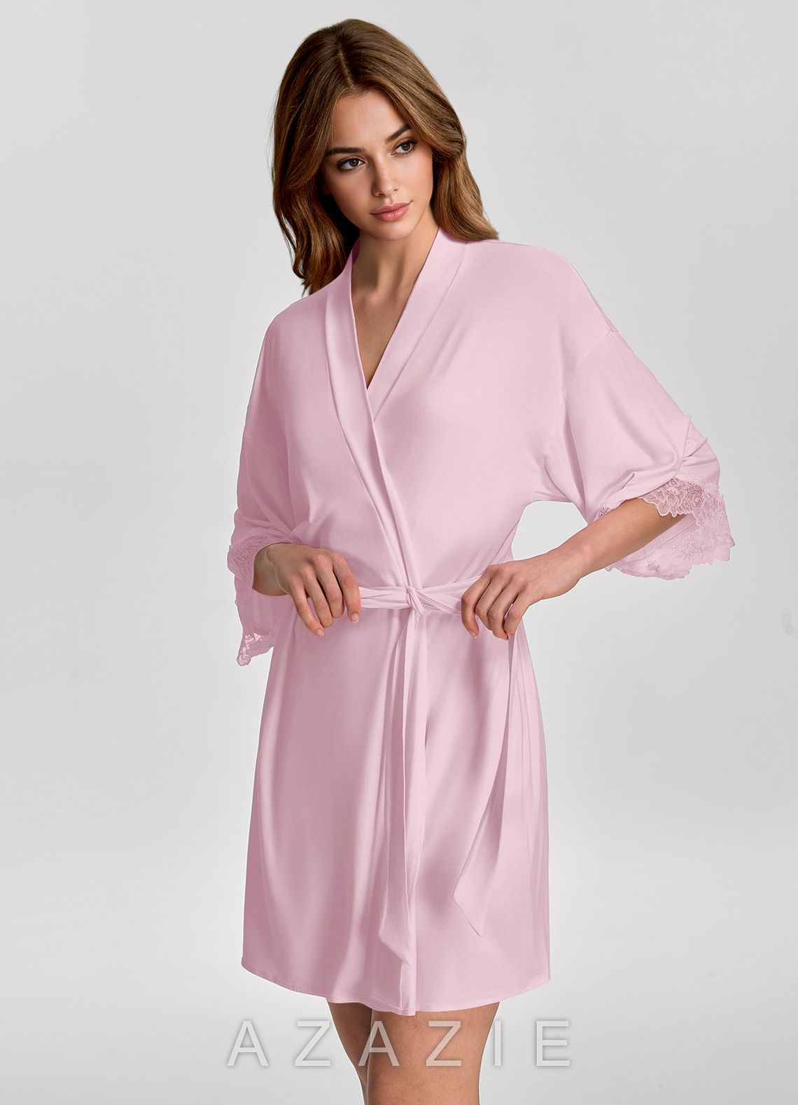 Soft Rayon Lace Trim Bridal Robe  sheer_pink