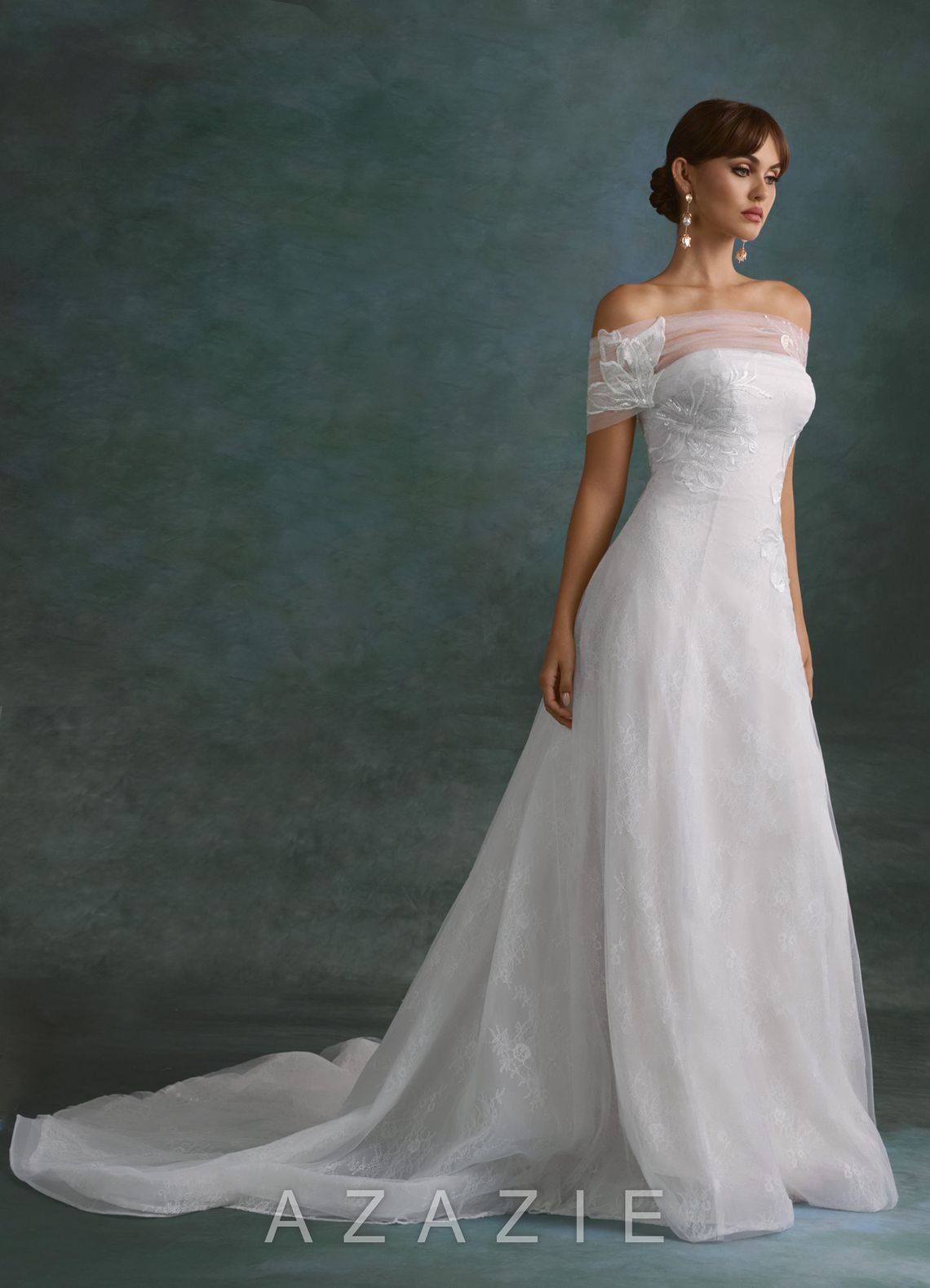 Azazie Berkely Diamond White A-Line Off the Shoulder Tulle Dress