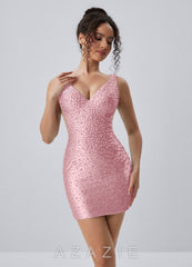 Lowillen Powder Pink Beading Rhinestone Stretch Satin Tank Open Back Mini Dress