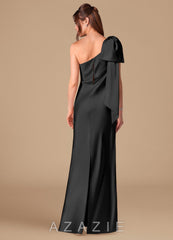 Azazie Capri Black Sheath One Shoulder Metallic Satin Dress black