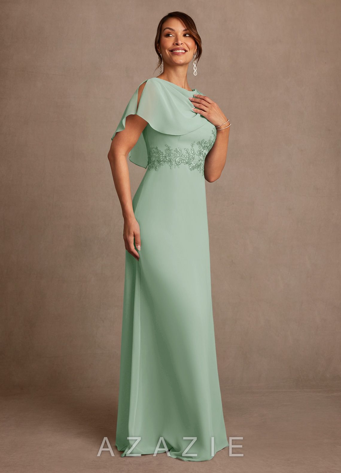 Azazie Frieda Agave A-Line Applique Chiffon Dress agave