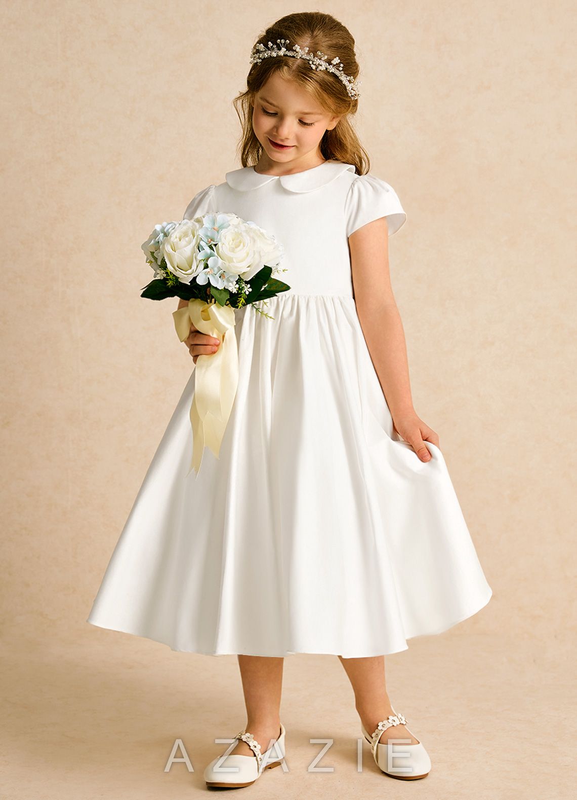 Azazie Deary Ivory Agave A-Line Bow Cotton Dress ivory/agave