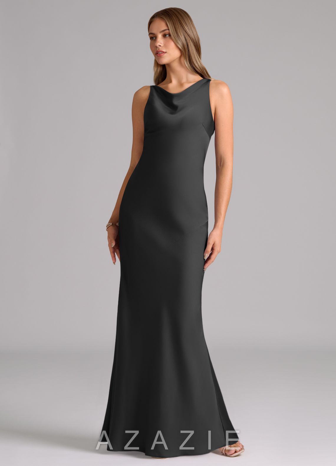 Azazie Allettie Black Mermaid Stretch Satin Dress black