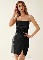 Lisette Black Stretch Satin Corset Mermaid Mini Dress