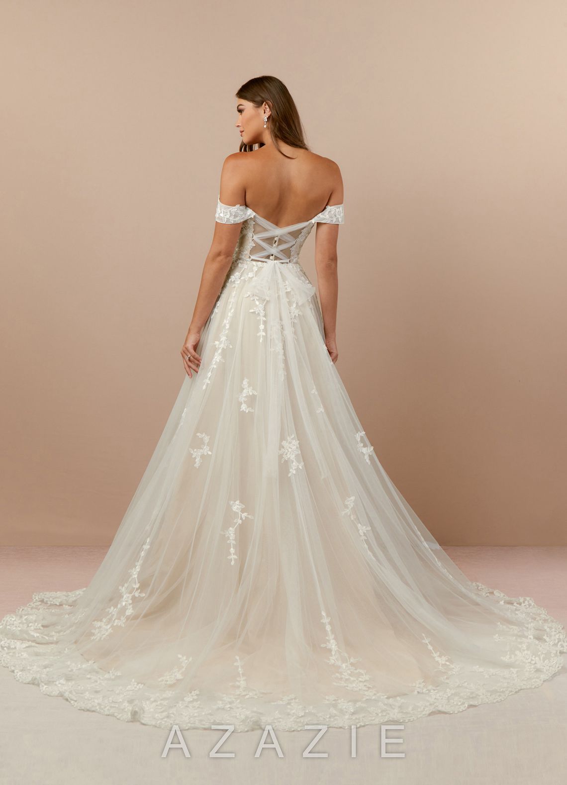 Azazie Botanica Wedding Dress Diamond White Champagne A-Line Off the Shoulder Tulle Dress diamond_white/champagne