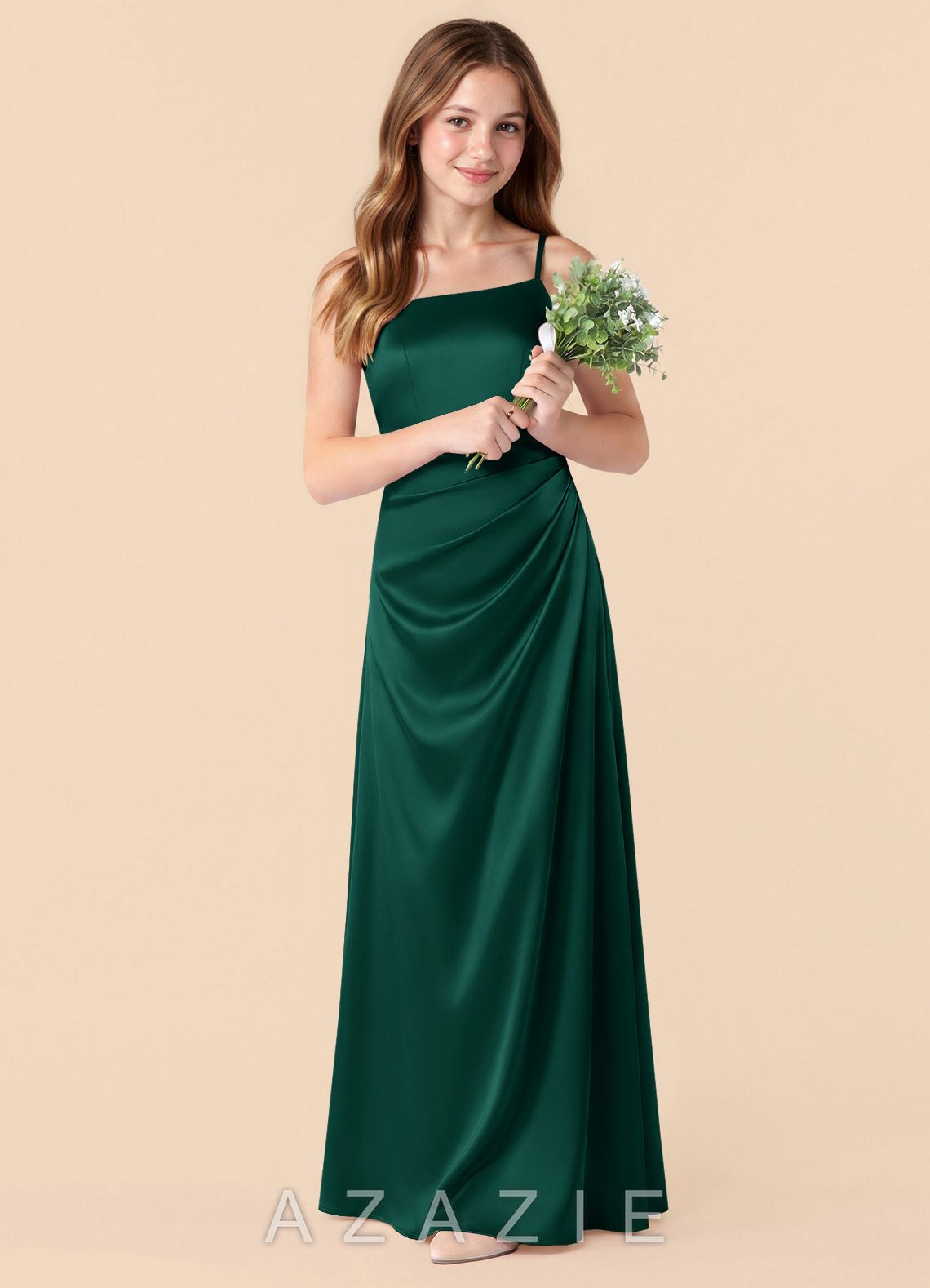 Azazie Renna Junior Emerald Mermaid Pleated Stretch Satin Dress emerald