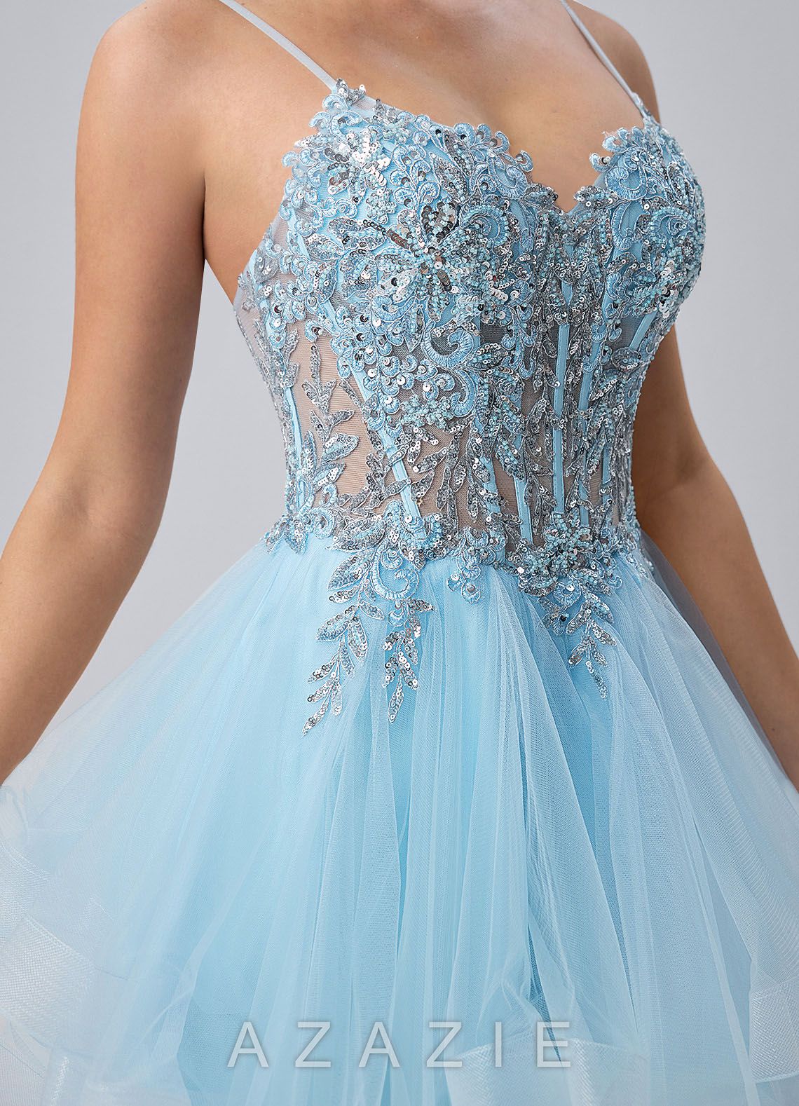Katia Sky Blue Spaghetti Strap Tulle Lace-Up Mini Dress