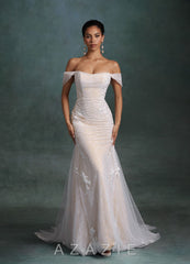 Azazie Ella Diamond White Champagne Mermaid Sweetheart Neckline Tulle Dress