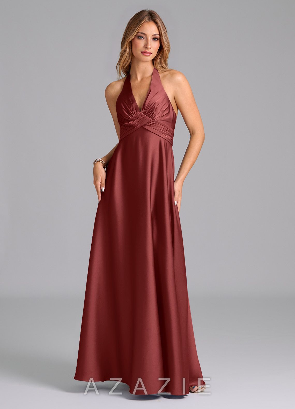 Azazie Tessie Terracotta A-Line Pleated Stretch Satin Dress terracotta