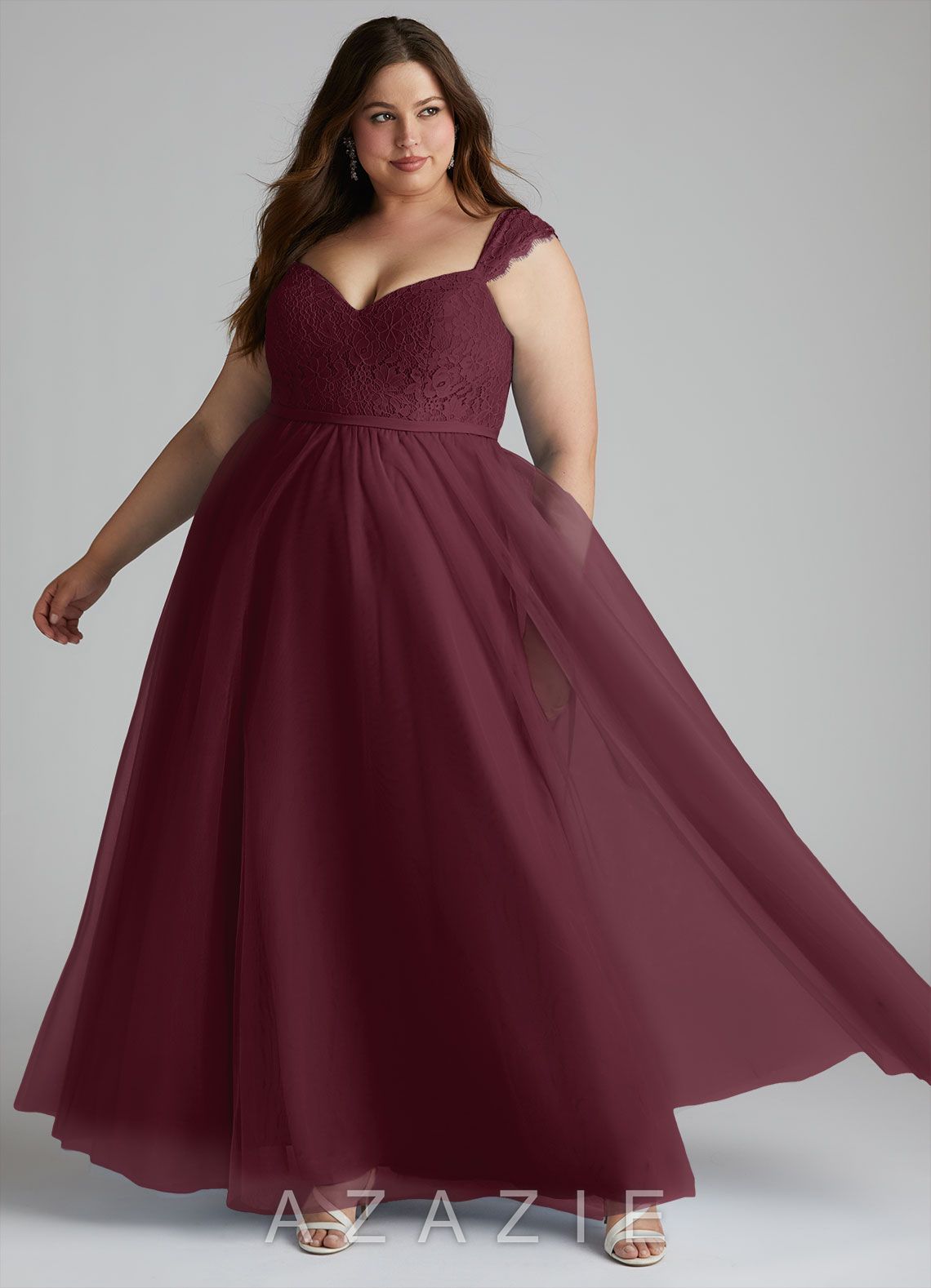 Azazie Luxi Cabernet A-Line Pleated Tulle Dress cabernet