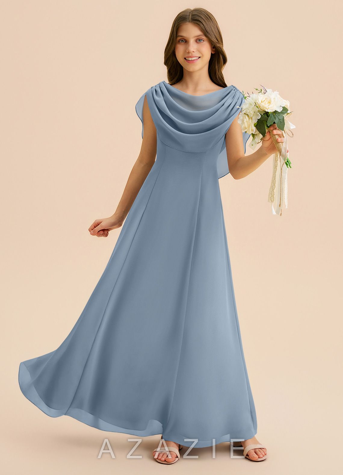 Azazie Lambie Junior Dusty Blue A-Line Pleated Chiffon Dress dusty_blue