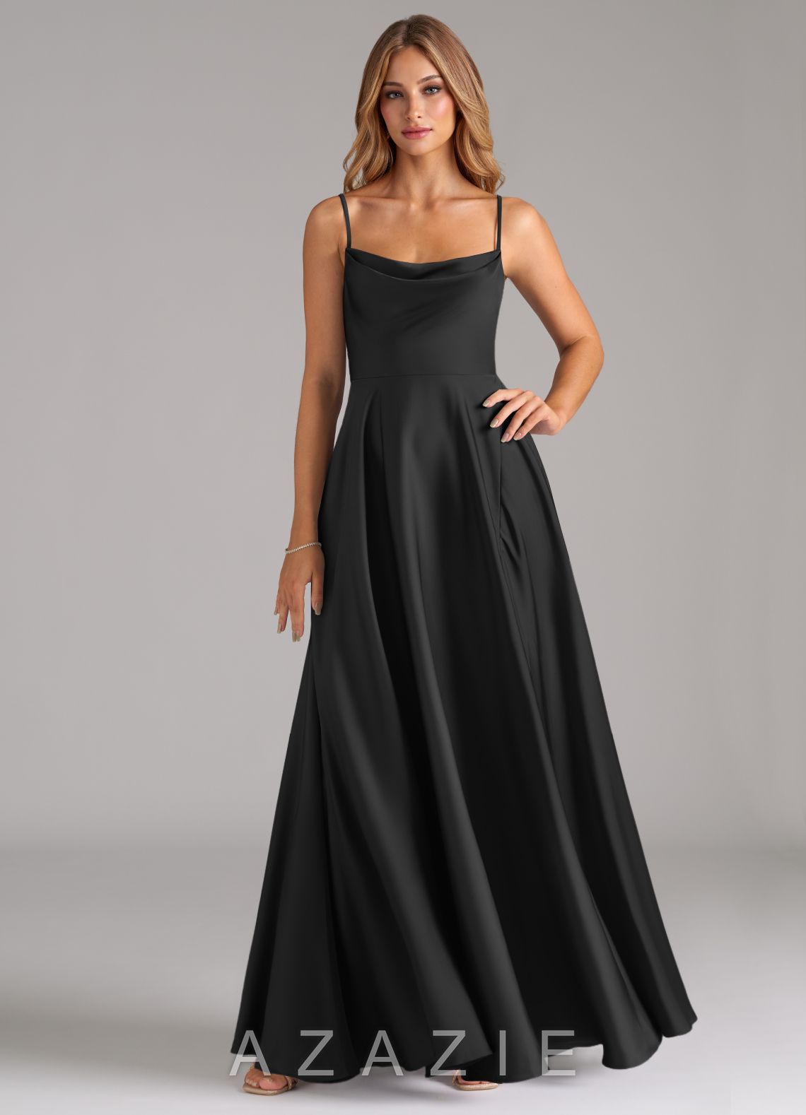 Azazie Elle Black A-Line Pleated Stretch Satin Dress