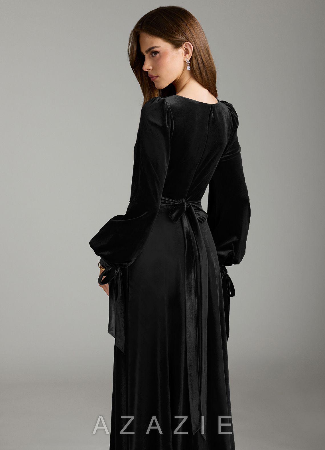 Azazie Leonia Black A-Line Long Sleeve Velvet Dress black