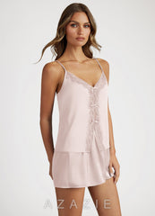 Lace and Bows Satin Cami and Shorts Pajama Set  blushing_pink