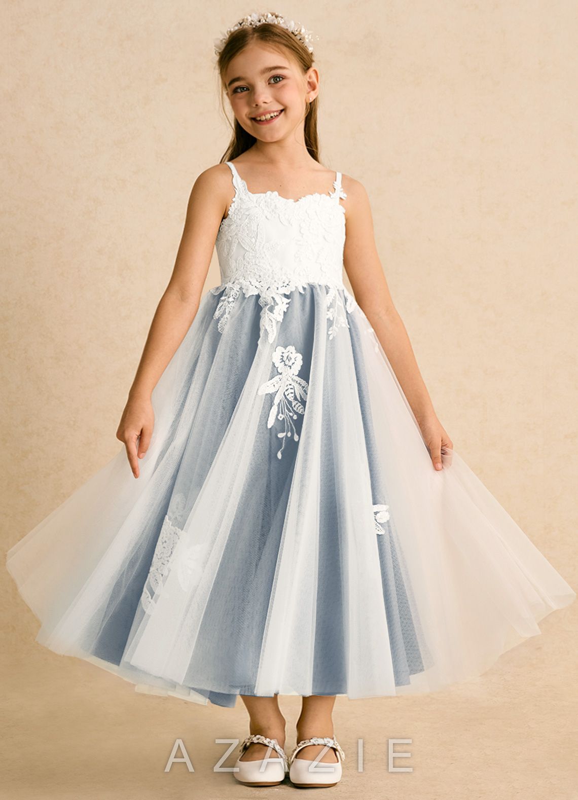 Azazie Coraline Ivory Dusty Blue A-Line Lace Dress ivory/dusty_blue
