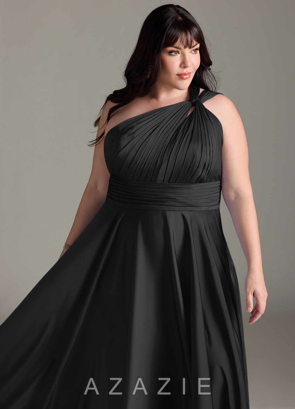 Azazie Charlize Black A-Line One Shoulder Stretch Satin Dress black