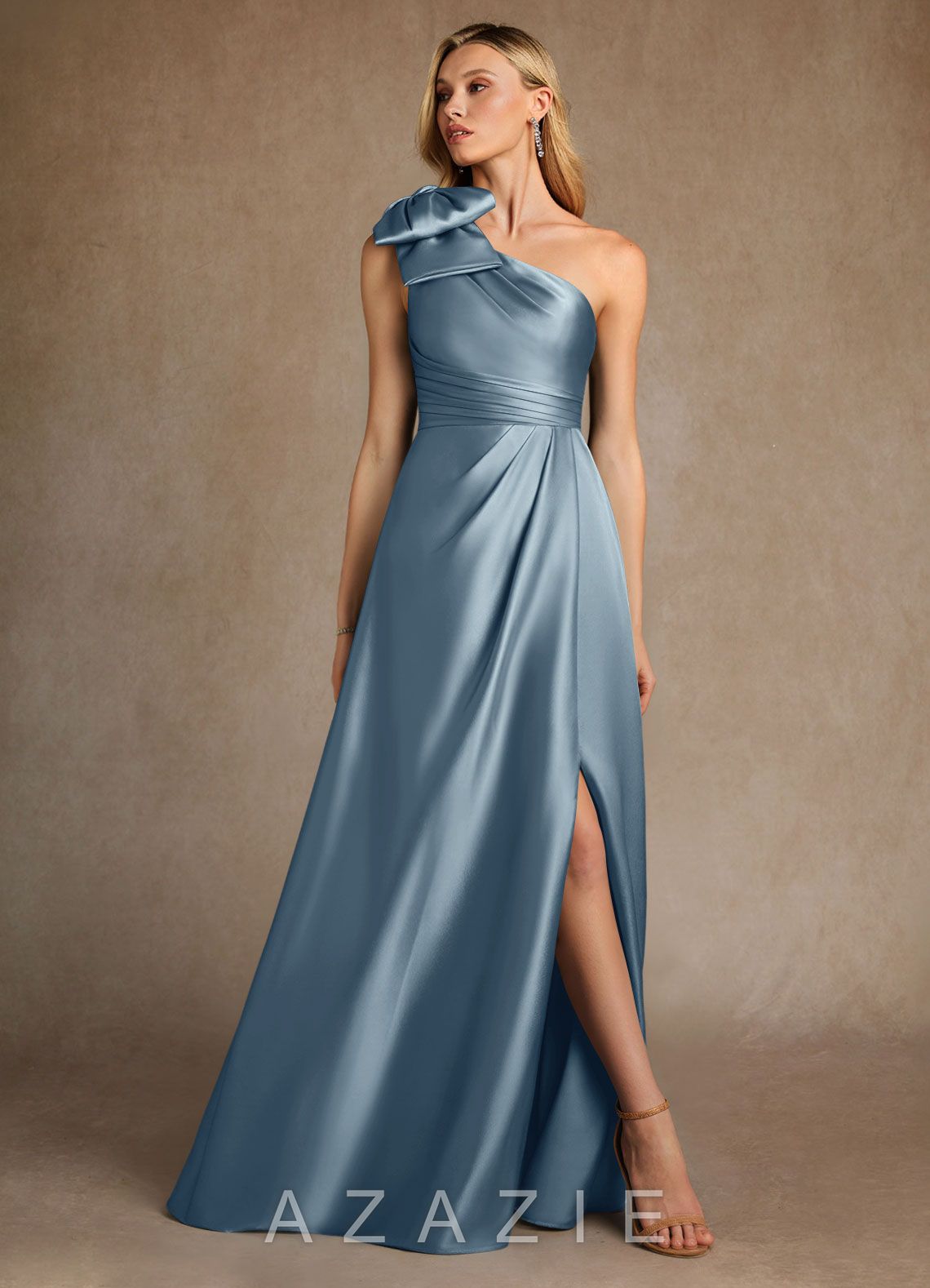 Azazie Easton Dusty Blue A-Line One Shoulder Stretch Satin Dress dusty_blue