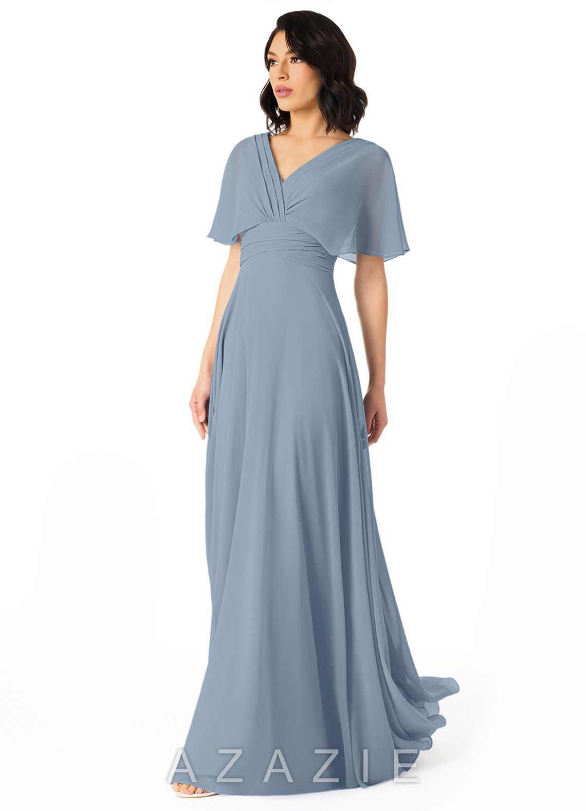 Azazie Pamela Dusty Blue A-Line V-Neck Pleated Chiffon Dress dusty_blue