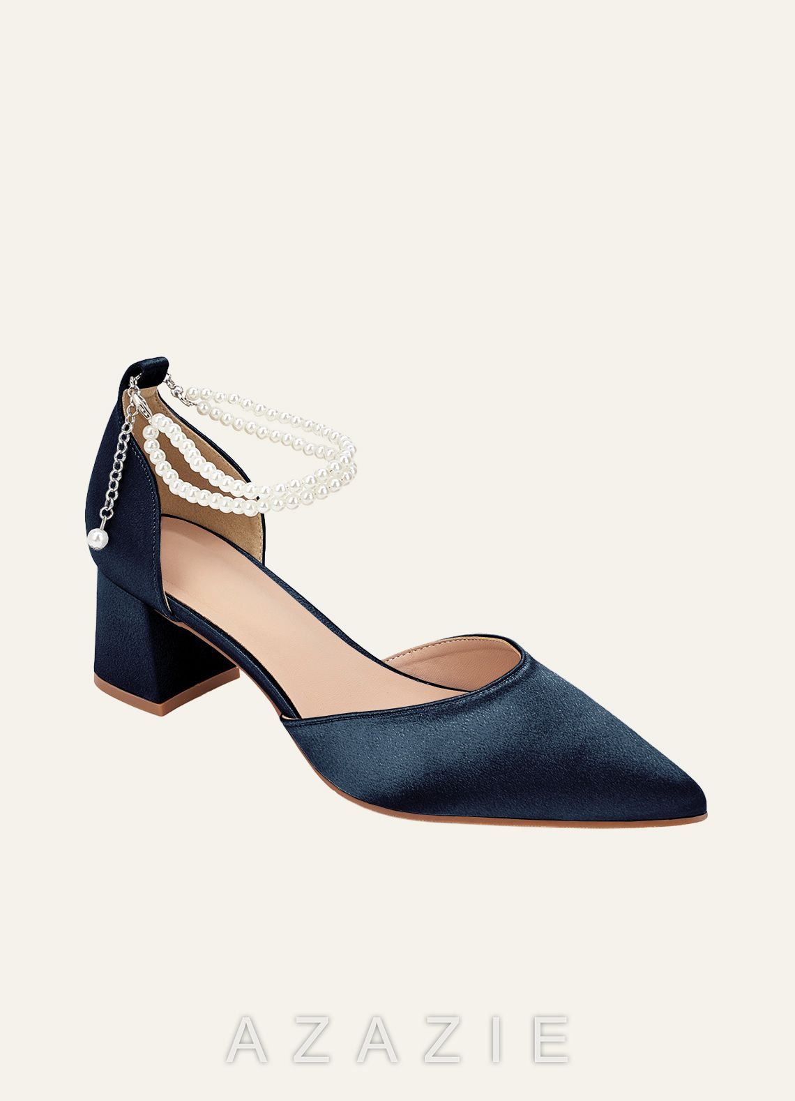 Matching Color Metallic Satin Pearl Strap Pointed Toe Block Heels  dark_navy