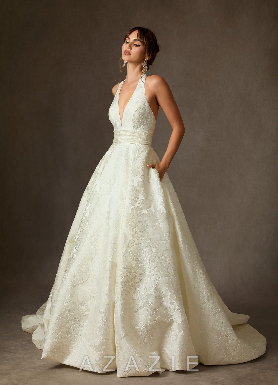 Azazie Saphira Antique White Ball-Gown with Pockets Floral Jacquard Dress