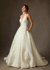 Azazie Saphira Antique White Ball-Gown with Pockets Floral Jacquard Dress